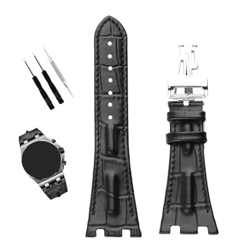 XIW Compatible for 28mm Audemars Piguet AP Royal Oak Offshore Watch 15703 15710 15400 26470 26400 Leather Watch Band Replacement for men Silicone Wirstband Strap women Bracelet, Brown (Black Band)