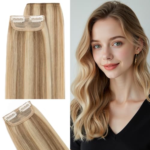 SEGO Clip in Hair Extensions for Women, 100% Remy Human Hair, Mini Hairpieces with 2 Clips, Short Extensions to Add Hair Volume, 2 Pcs, 8 Inches, 24g, Golden Brown&Bleach Blonde