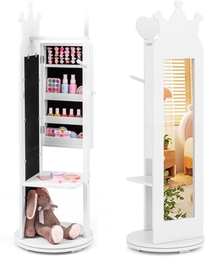 FANTASK Kinder Schmuckschrank 360°drehbar, 4 in 1 Spiegelschrank mit Ganzkörperspiegel & Kleiderständer, Mädchen Schmuck-Organizer in Weiß,...