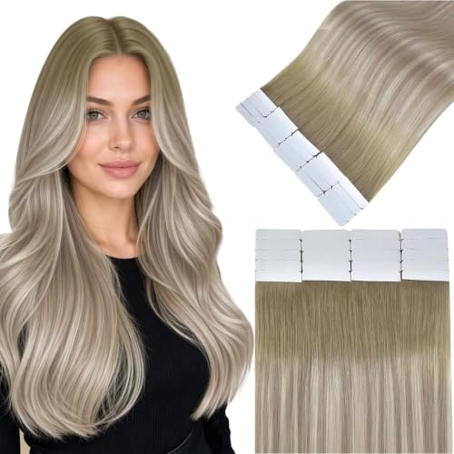 Image of Easyouth 24 Inch Tape in Hair Extensions Human Hair Balayage Tape Extensions Human Hair Light Brown Ombre Ash Blonde Mix Platinum Blonde Remy Hair Tape in Extension can be Re-Taped for Reuse 20pcs 50g