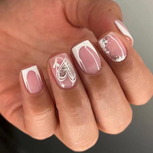 YOSOMMK French Tip Press on Nails Short Square Fake Nails with Heart Designs Glitter Sequins Stick on Acrylic Nails Glossy Nude Glue on False Nails for Women and Girls