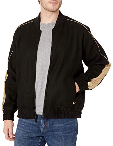 True Religion Men's Long Sleeve Ragland Varsity Jacket, Black/Gold, XX-Large