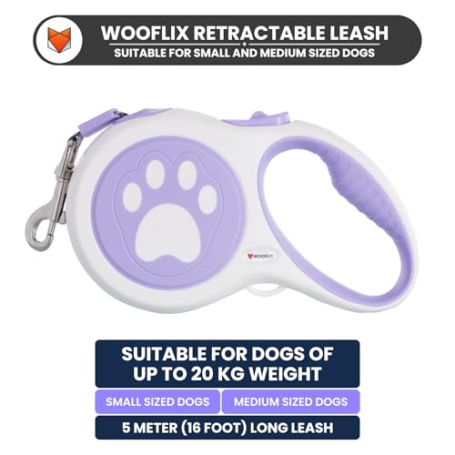 Image of Retractable Dog Leash | 5M Heavy Duty Dog Leash for Small & Medium Size Dogs Upto 20 Kg| Strong Nylon Tape, Anti-Slip Handle, 360 Tangle-Free, One-Click Brake & Pause | (Upto 20 kg Dog, Purple)