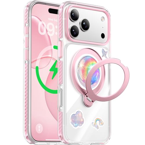 Peerock for iPhone 17 Pro Max Case with 360° Spin Stand, Non-Yellowing Transparent Back, TPU Inner Cushion, Magnetic Mag Safe Compatible, Military Protection, Cute Cover for Girl, Clear/Pink - image 1