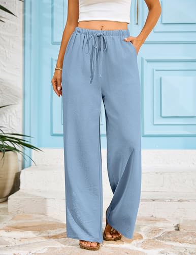 LOOKBOHO Women's Wide Leg Beach Pants Elastic Waist Lightweight Casual Flowy Palazzo Lounge Trousers with Pockets Grey Blue XL — view 4