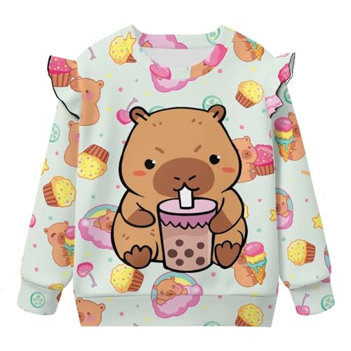 Capybara Sweatshirt Cute Crewneck Tee Tops for Toddler Girl 1Y-8Y Long Sleeve Shirt Ruffle Shoulder Fall Clothes