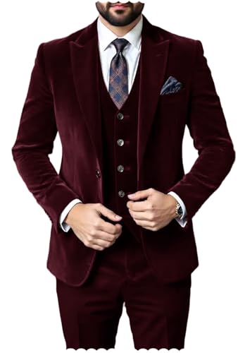 Mens Velvet 3 Piece Suits Slim Fit One Button Blazer Vest Pants Tuxedo Formal Wedding Groomsmen Set