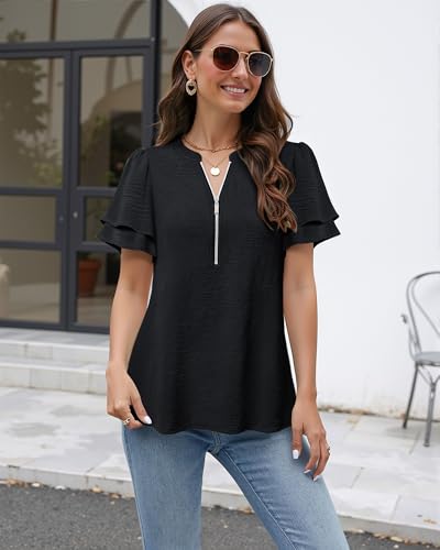 Gaharu Womens Dressy Casual Shirts Ruffle Short Sleeve Zipper V Neck Tops Work Business Office Blouse4