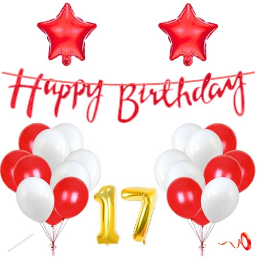 Image of Flyloons 17th Happy Birthday Decoration Kit Red White for Boys Girls Kids Twins Men Women With 20 Pcs Metallic Balloons Birthday Banner 2 Pcs Star Items Set