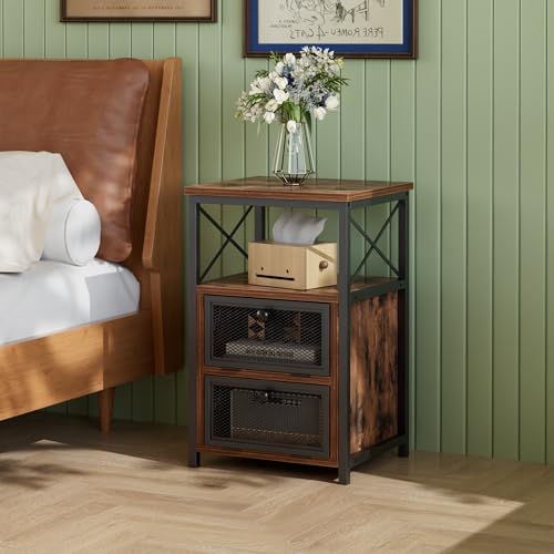 Image of VECELO Nightstand Set of 2, End Table with Flip Drawer, Modern Night Stand for Bedroom,Living Room, Office, Easy Assembly, Amber Brown