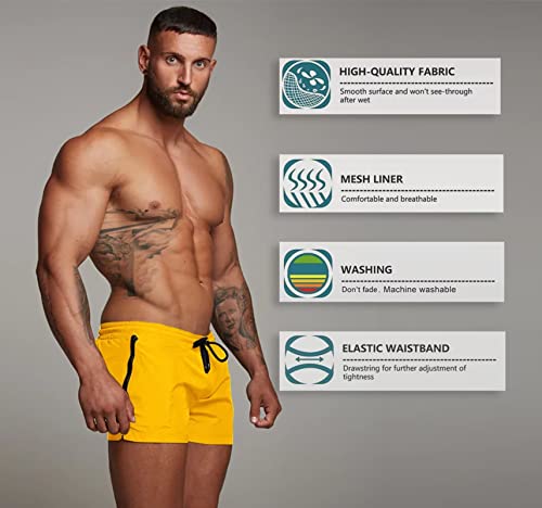 Mens Swim Trunks Quick Dry Swimwear Zipper Pockets, Swim Shorts With Mesh Lining Yellow #TOP3