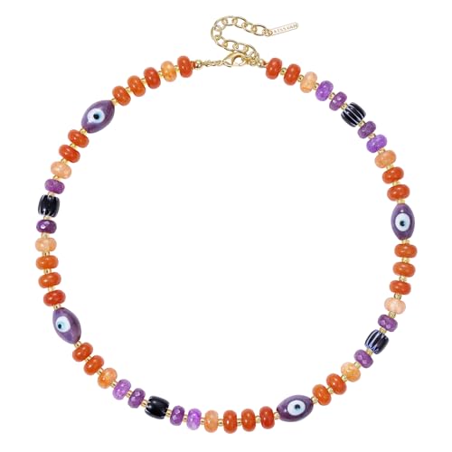 KissYan Halloween Beaded Necklace, Evil Eye Pumpkin Natural Gemstone Choker for Women, Costume Cosplay Party Favors Dress Up Accessories Handmade Jewelry Gifts