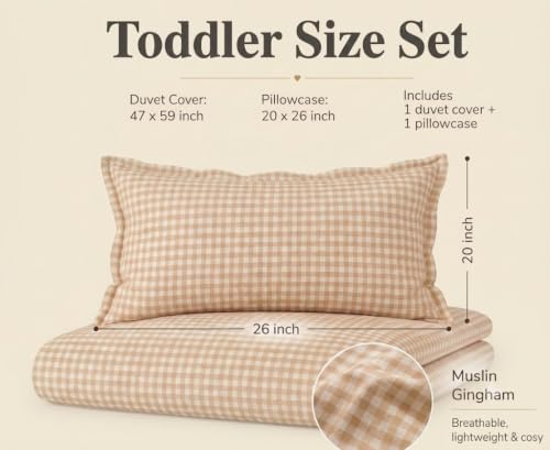 Image of TISU Toddler Crib Duvet Cover Sized 47 x 59 inch Gingham Patterned Soft Muslin Double Gauze Bedding Boy Girl Nursery Kids Sheet Bedsheets (Beige Gingham /Toddler)