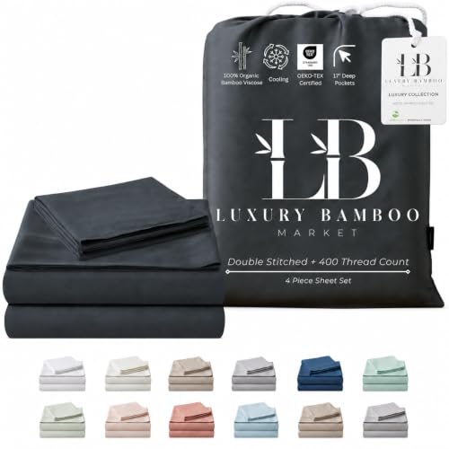 Image of Split King Size Sheet Set | 2 Fitted Sheets for Sleep Number & Adjustable Beds | Organically Grown | Ultra Soft & Cooling |100% Viscose | 17 inch Deep Pocket [Charcoal Grey]