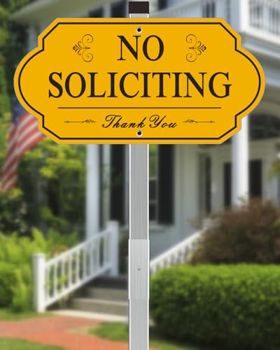 Image of Heavy Duty No Soliciting Sign for House - All Metal Construction No Soliciting Yard Sign - 14 inch x 7 inch - Aluminum - with 28 inch Long Stake (Yellow)