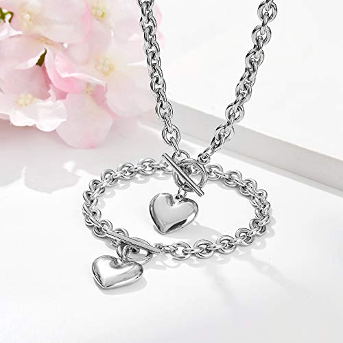 Heart Chain Necklace + Heart Bracelet for Women Girls Hearts Pendant Toggle Charm Jewelry Set Stainless Steel 18K Gold/Rose Gold Silver3