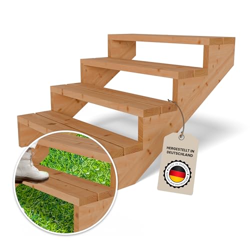 Gartenwelt Riegelsberger Terrassentreppe aus Lärche natur 95 cm breit 4 Stufen Gesamthöhe 72 cm wetterfeste Außentreppe aus Massivholz inkl. Wangen Bohlen & Schrauben