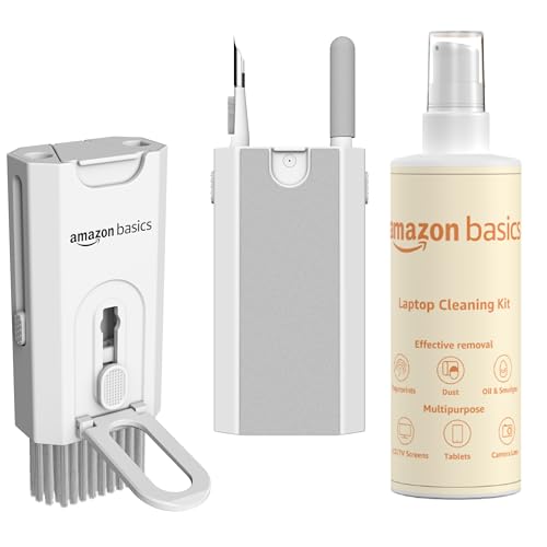 Image of Amazon Basics 8-in-1 Cleaning Kit for Laptop, Mobile, iPhone, AirPods, Earbuds, Keyboard | Multifunctional Tool Kit | Includes Microfibre Cloth & 250 ml Cleaning Liquid