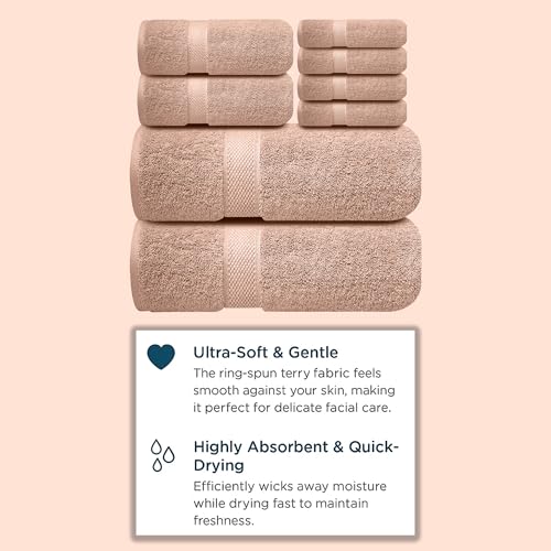 Image of Sulfar 100% Combed Cotton, 8 Pcs Towel Set - 2 Bath Towels (70 x 140 cm), 2 Hand Towels (40 x 70 cm) and 4 Face Towel (30 x 30 cm) (600 GSM, Pack of 8) Nature Lux