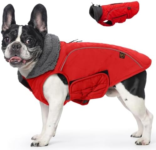 EMUST Winter Dog Coat for Medium Boys - Thick Clothes with Harness Hole for Cold Weather, Red, M