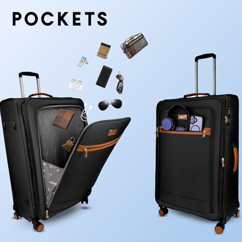 Image of F Gear Softair Large Soft Luggage | Lightweight Expandable Carry-On Trolley Bag with 360 Spinner Wheels, Silent 8-Wheel System, Built-in TSA Lock, Anti-Theft Zipper & Luggage Tag (Black)