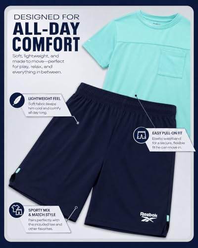 Image of Reebok Boys Athletic Shorts Set - 2 Piece Summer Clothes Outfit with Graphic Tee and Boys Basketball Shorts for Active Kids
