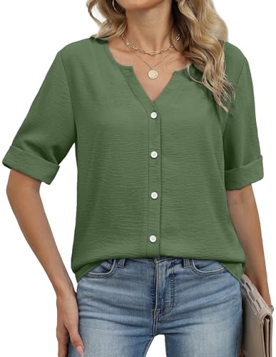Image of OFEEFAN Button Down Shirts for Women 3 /4 Length Sleeve Tops V Neck Blouses Business Casual Outfits Loose Fit