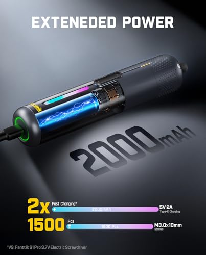 Fanttik S2 Pro Electric Screwdriver, Cordless Screwdriver Set, 7 Torque Settings, 0.5 to 6N.m, 20 Magnetic Bits, 1/4''Hex Shank, with 90° Angle Adapter, for Furniture, Household Repairs