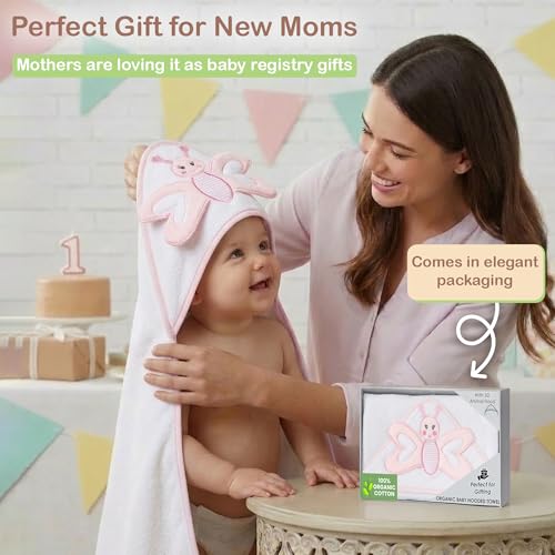 Image of Mother's Choice Baby Towels 100% Organic Cotton Butterfly Hooded Design, Oeko-TEX Certified, Ultra-Soft Absorbent Hooded Bath Towel for Newborn Girls, (Butterfly)