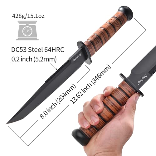 ZhengSheng 8.0 inches Fixed Blade Knife - Perfect PVD Titanium Coating DC53 Steel Blade Bowie Knife with Leather Sheath for Camping, Hiking, Survival