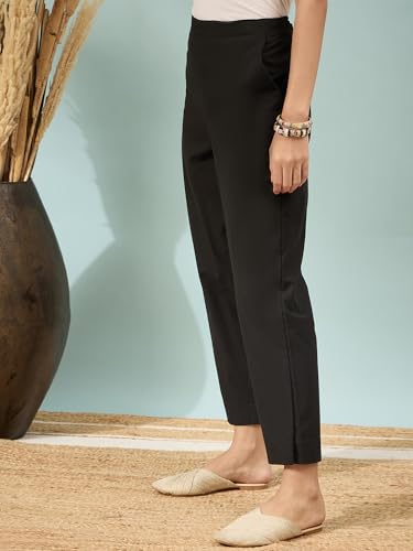 Image of D K W Women's Mid Rise Relaxed Fit Cotton Flex Trousers with Elastic Back & Drawstring - Ideal for Winter, Formal, Office & Casual Wear, Comfortable for Girls and Women