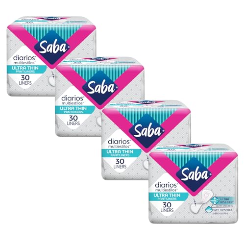 Image of Saba Diarios Ultra Thin Multishape Pantiliners, Flexible & Versatile Panty Liners, 4-Pack of 30 Pads (120 Count)