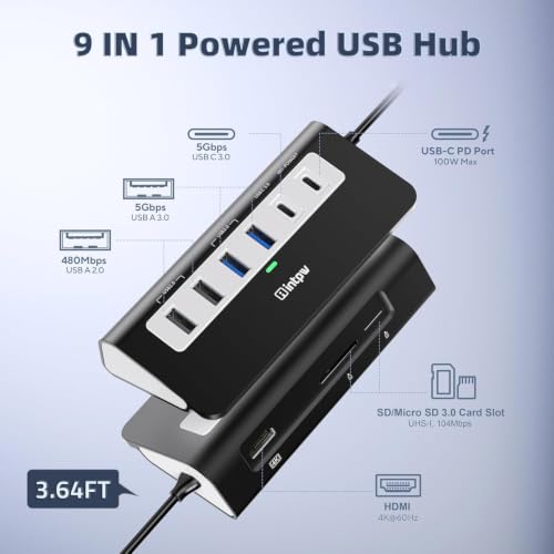 Image of intpw USB C Hub, P9 USB C Hub Multiport Adapter with 4K HDMI, PD 100W, Type-C & 2 USB A 3.0 5Gbps, 2 USB A 2.0, SD /TF Card Reader, Aluminum USB Hub for Laptop, iPhone 17 Series, MacBook, iPad