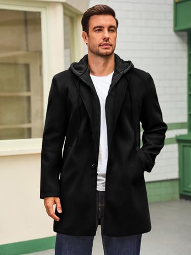 Runcati Mens Trench Coat Single Breasted Mid-Long Pea Coat Classic Winter Business Jacket with Detachable Hood2