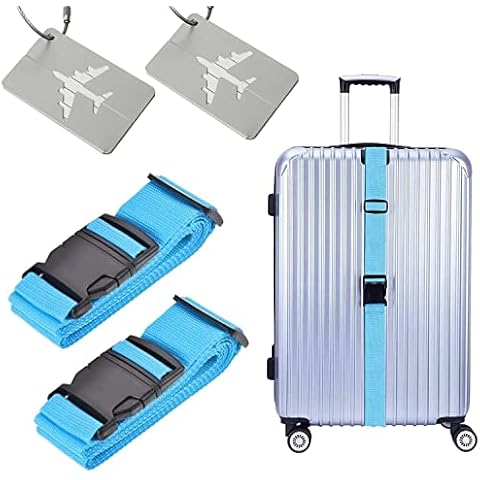 2 Pack Luggage Straps Set Adjustable Suitcase Belts Luggage Tags Travel Suitcase Tags With Name ID Card for Luggage Suitcase Travel Accessories (light blue) Cover