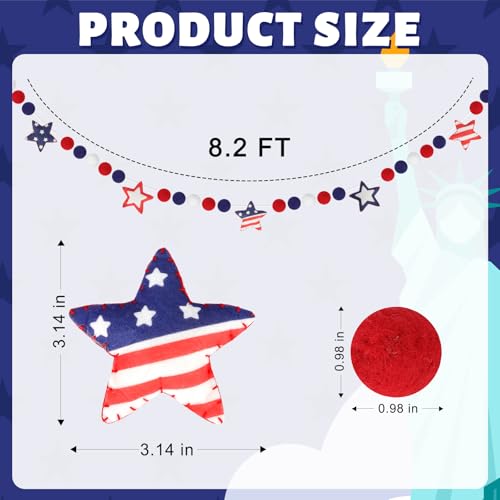 Image of 4th of July Garland with Felt Balls Stars 8.2 FT, Red White and Blue American Flag Colors Beaded Decor, Rustic Patriotic Decor for Shelf Display, Fireplace, Wall (Star)