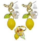 AIRTILY 1 Paar Zitronenanhänger Ohrringe, 1 Stück Zitronenring, Fruchtförmiger Schmuck, Kreative Lange Ohrringe, Verstellbarer Ring, Passende Accessoires Für Partykleidung.
