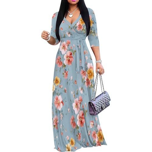 Image of PinkPatty Plus Size Maxi Dress for Women Casual V Neck 3 /4 Sleeve Boho Printed Long Dress with Pockets