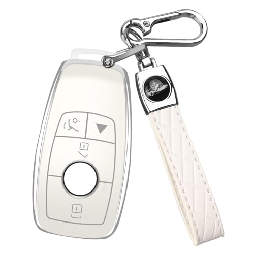 Image of QBUC for Mercedes Benz Key Fob Cover with Keychain(White) | Compatible with Benz C E R S G S CLS CLK GLC ML GLE GLS SL SLR McLaren AMG Key