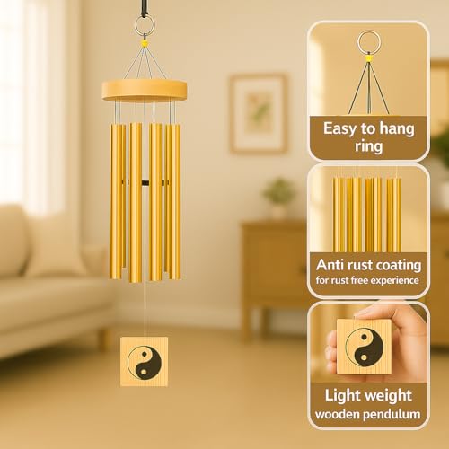 Image of 6 Pipe Wind Chimes for Home & Balcony - 28 Inch Aluminum Chime with Pleasant Soothing Tones | Positive Energy & Good Luck Outdoor Garden Decor | Housewarming Gift for Home & Patio (Gold)