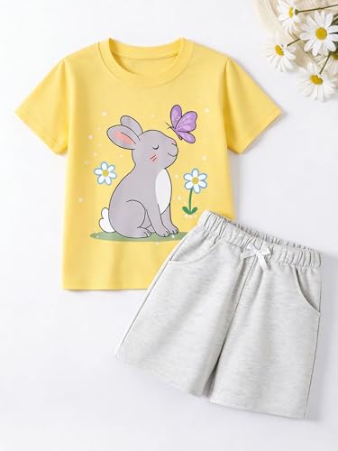Image of HILEELANG Girls Cotton Short Set Summer 2 Piece Outfit T Shirt Shorts | 100% Cotton, Soft Breathable Fabric, 2 Piece Outfit Set, Elastic Waist, Summer Comfort for Toddler Little Girls