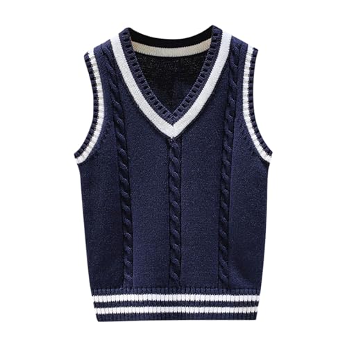 Boys Girls V Neck Stripe Knitted Sweater Vest Kids Casual Sleeveless Pullover Cable Knit Cotton School Uniform Clothes