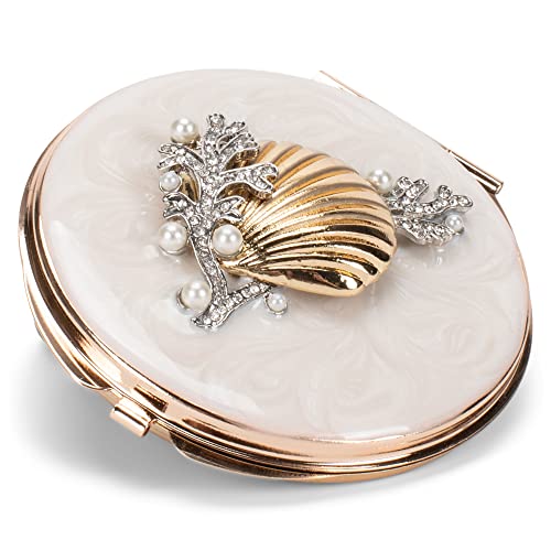 Cottage Garden Hand Painted Golden Metal Enamel Ornamental Vintage Hinged Lid Personal Makeup Beauty Double Sided Compact Mirror With Bejeweled Crystals, Golden Sea Shell #TOP21
