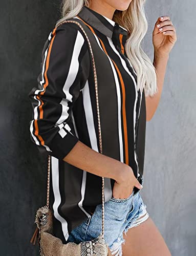 Magritta Womens V Neck Blouses For Work Professional Loose Fit Striped Color Block Collared Button Down Cuffed Roll Up Long Sleeve Shirts Tops X-Large #TOP2