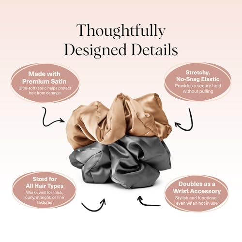 Image of Kitsch Satin Scrunchies for Women - No Crease, Frizz Control | Softer Than Silk Scrunchies Gentle On Hair Scrunchies for All Hair Types | Stylish Hair Accessories - Charcoal & Gold, 2pcs