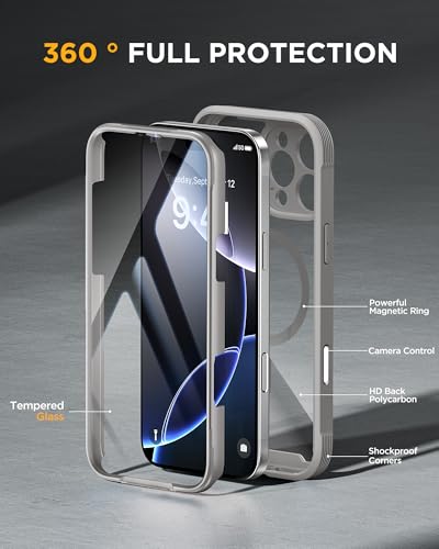 Image of Miracase for iPhone 16 Pro Max Case 6.9'', [Bubble Free] Full-Body Phone case with Built-in Full Glass Screen &Lens Protector,Compatible with MagSafe,Drop Proof 16 Pro Max Cover, Grey