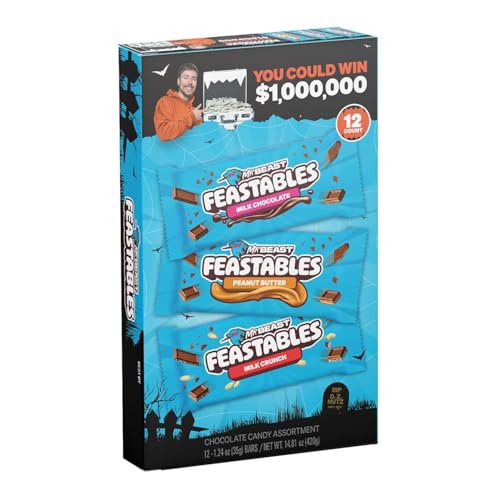 12 Pack of Feastable Halloween Assorted Candy Bar Box, Milk Chocolate, Crunch, & Peanut Butter - Individually Wrapped 35g Bars 35g assortment deez nutz