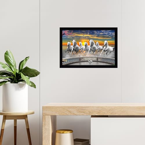 Image of Indianara Vastu Running Seven Horse Painting With Frame 20 Inches X 14 Inches (Style 14)