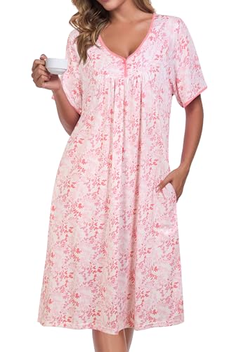 Image of AVIIER Nightgows for Women Soft Cotton Night Shirts Short Sleeve Sleepwear with Pockets