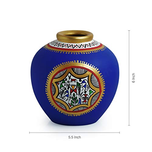 Image of ExclusiveLane El-006-013 Earthenware Warli Handpainted Living Room and Home Decorative Matki Shaped Flower Terracotta Round Vase (Blue, 13.97 Cm X 13.97 Cm X 15.24 Cm)